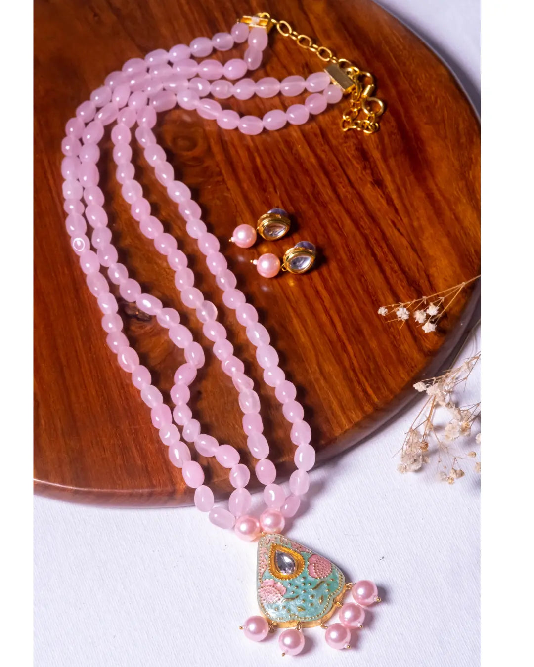 Rose Quartz Jadau Pendent Necklace