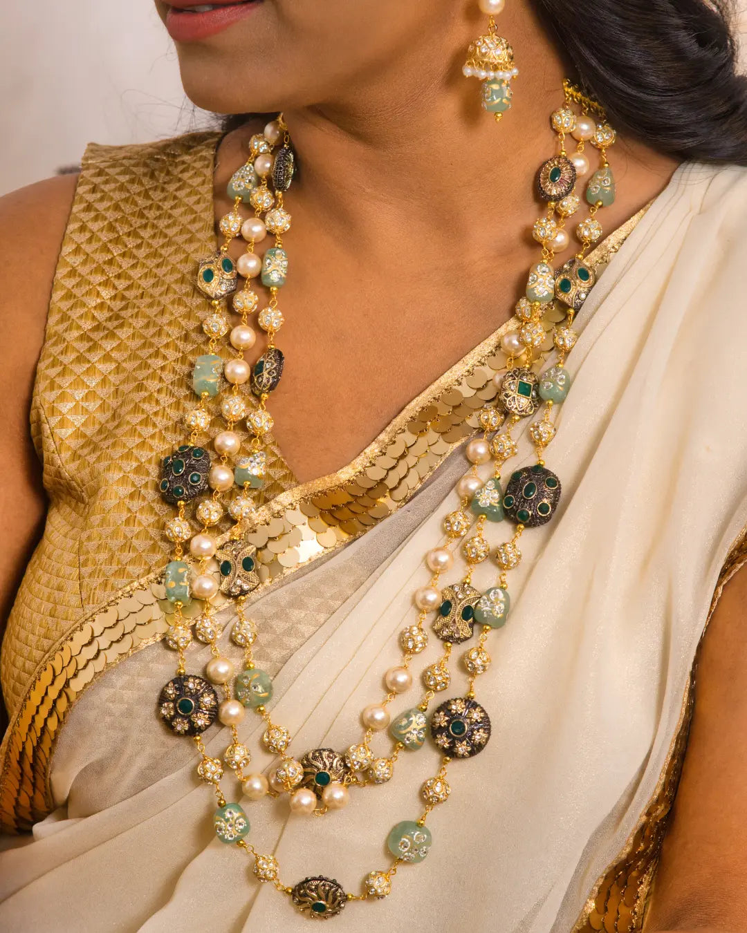 Pastel Green Marcasite 3 Layered Necklace