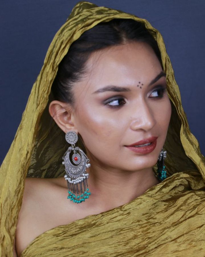 Turquoise Statement Tassel oxidized silver earrings