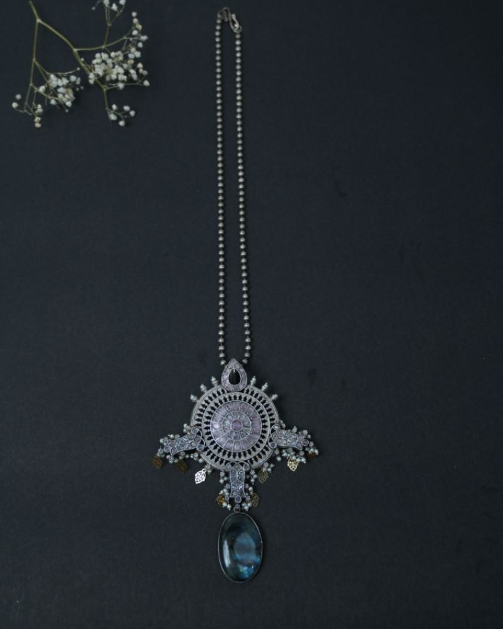 Bold  Stone long silver pendant