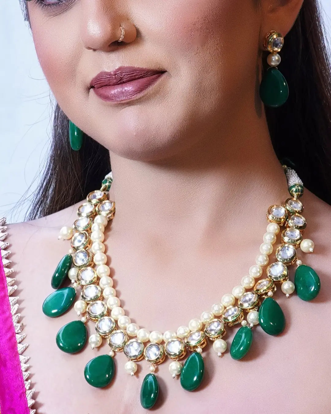 Green Drops with Layered Kundan Pearl Necklace - Main Image