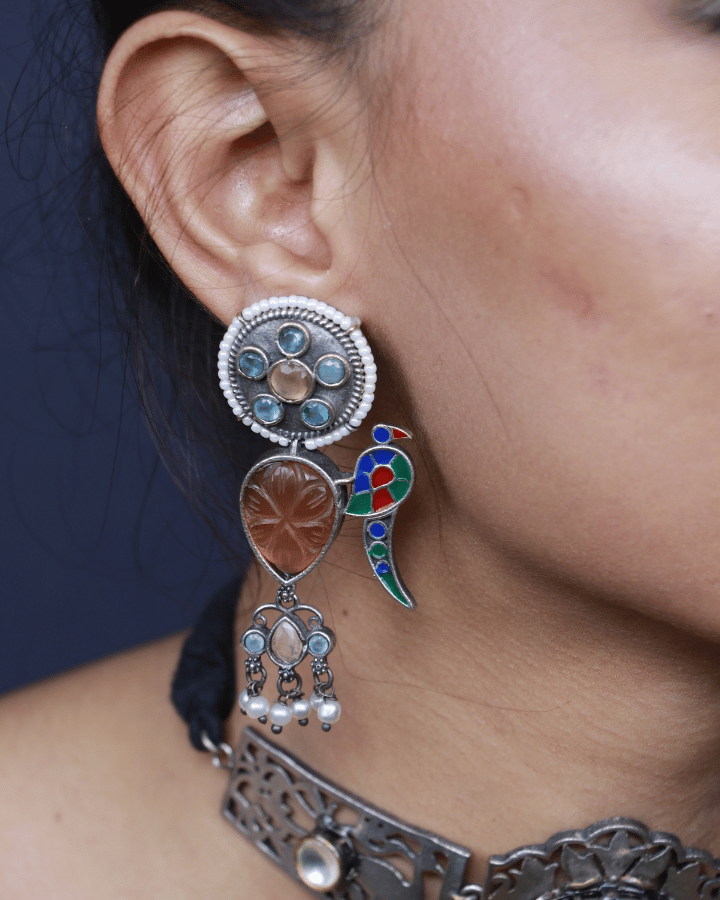 Peacock long oxidized silver earrings