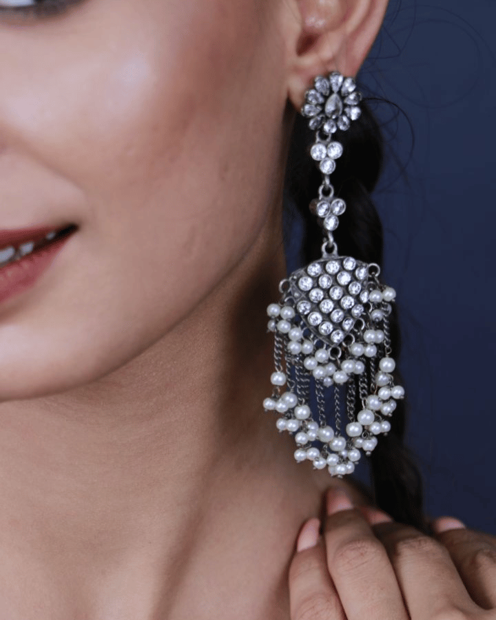 Long oxidized silver Vintage moti earrings