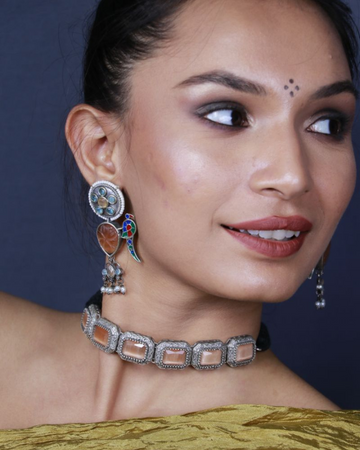 Orange natural stone oxidized silver choker