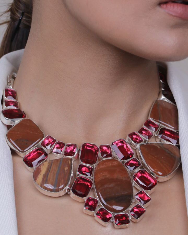 Bold Brown Jade and Ruby Necklace