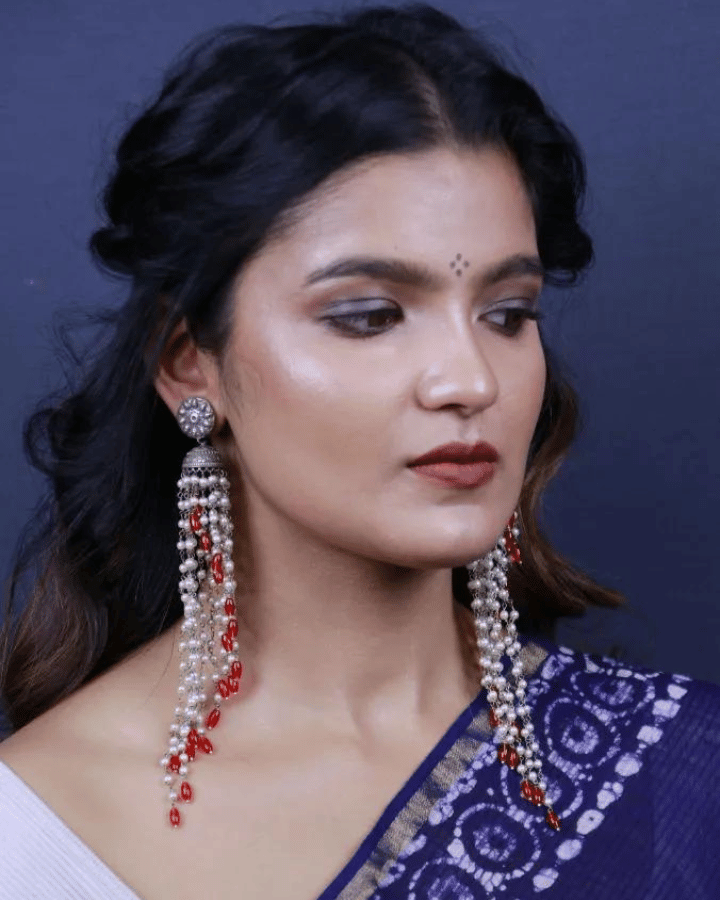 Long Moti Drops oxidized silver earrings