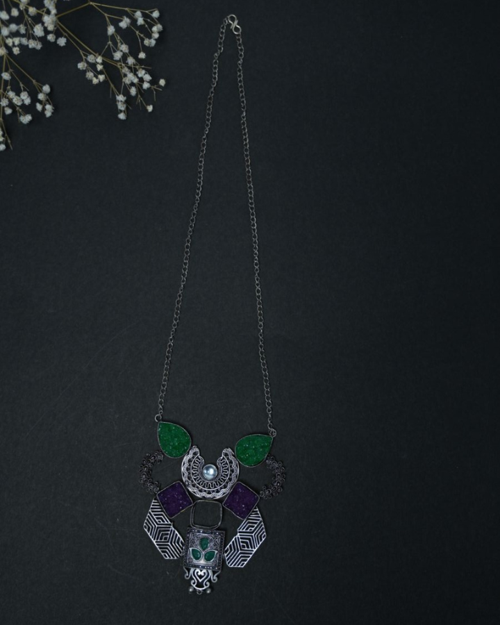 Mix colour quartz oxidized silver chain