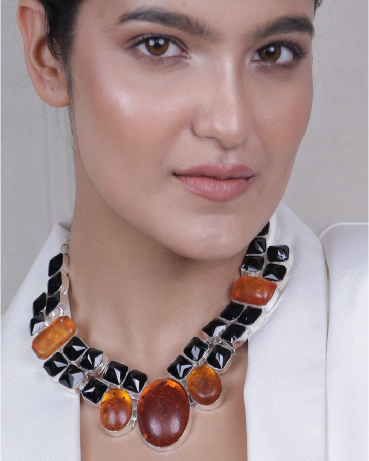 Bold Black Amber Statement Necklace