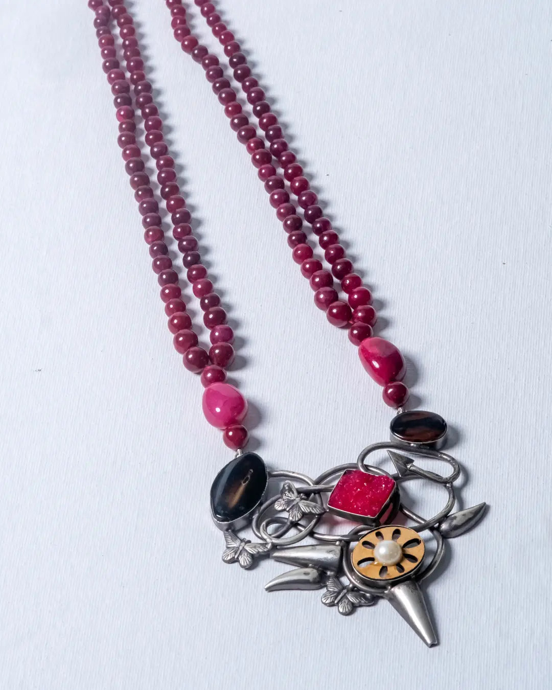 Ruby Red Necklace with Silver Druzi Pendent
