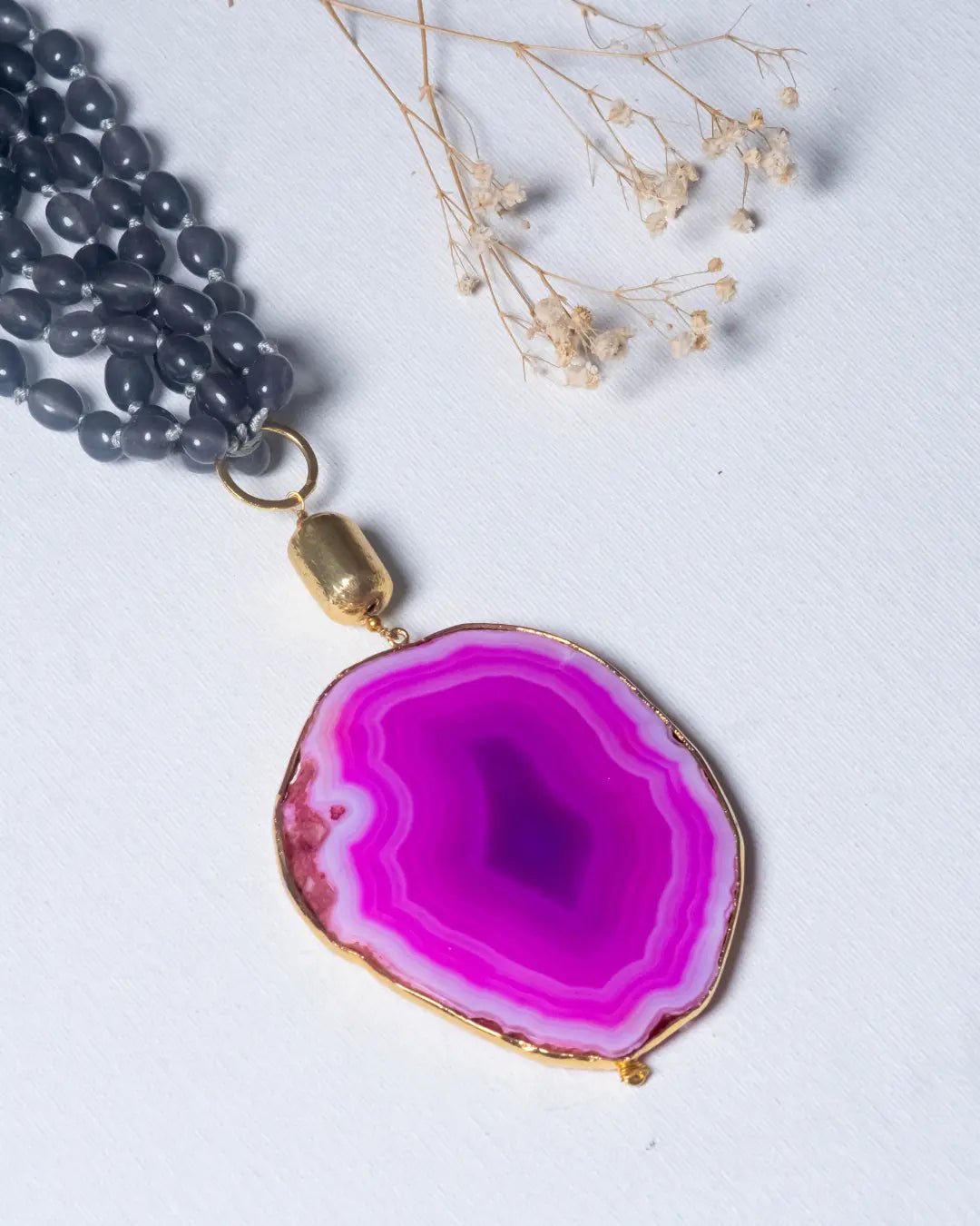 Earthy Coral Grey Agate Long Necklace