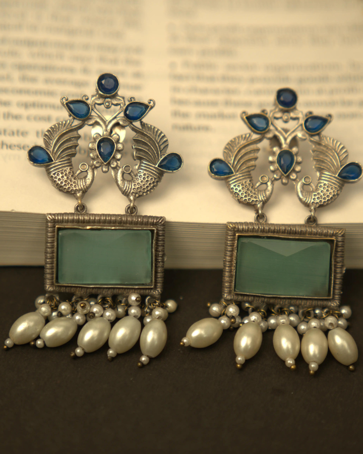 Fusion Stone oxidized silver Long earrings