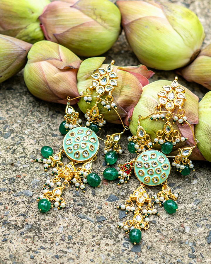 Mint Meenakari Kundan Long Bali Earrings-Women's fashion jewellery online