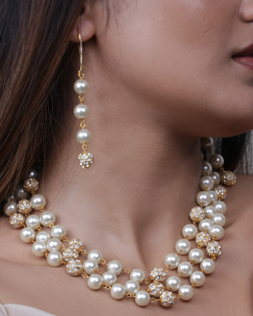 Long  Drop Pearl With Crystal Bead Earring