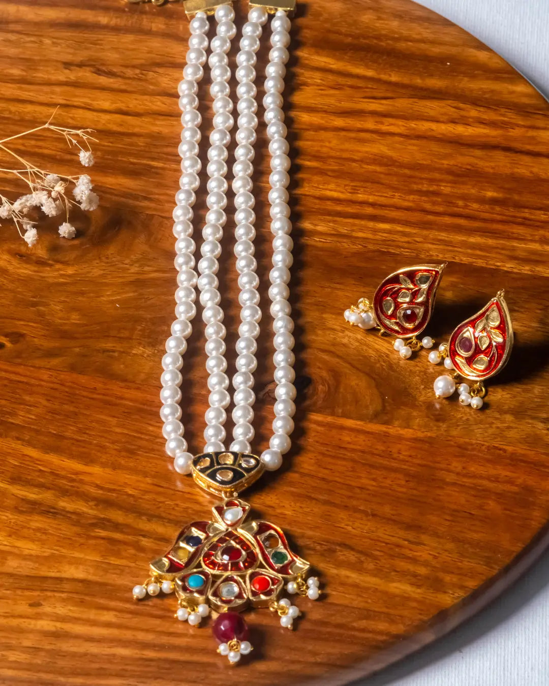 Exquisite Pearls and Navratan Meenakari Pendent Set