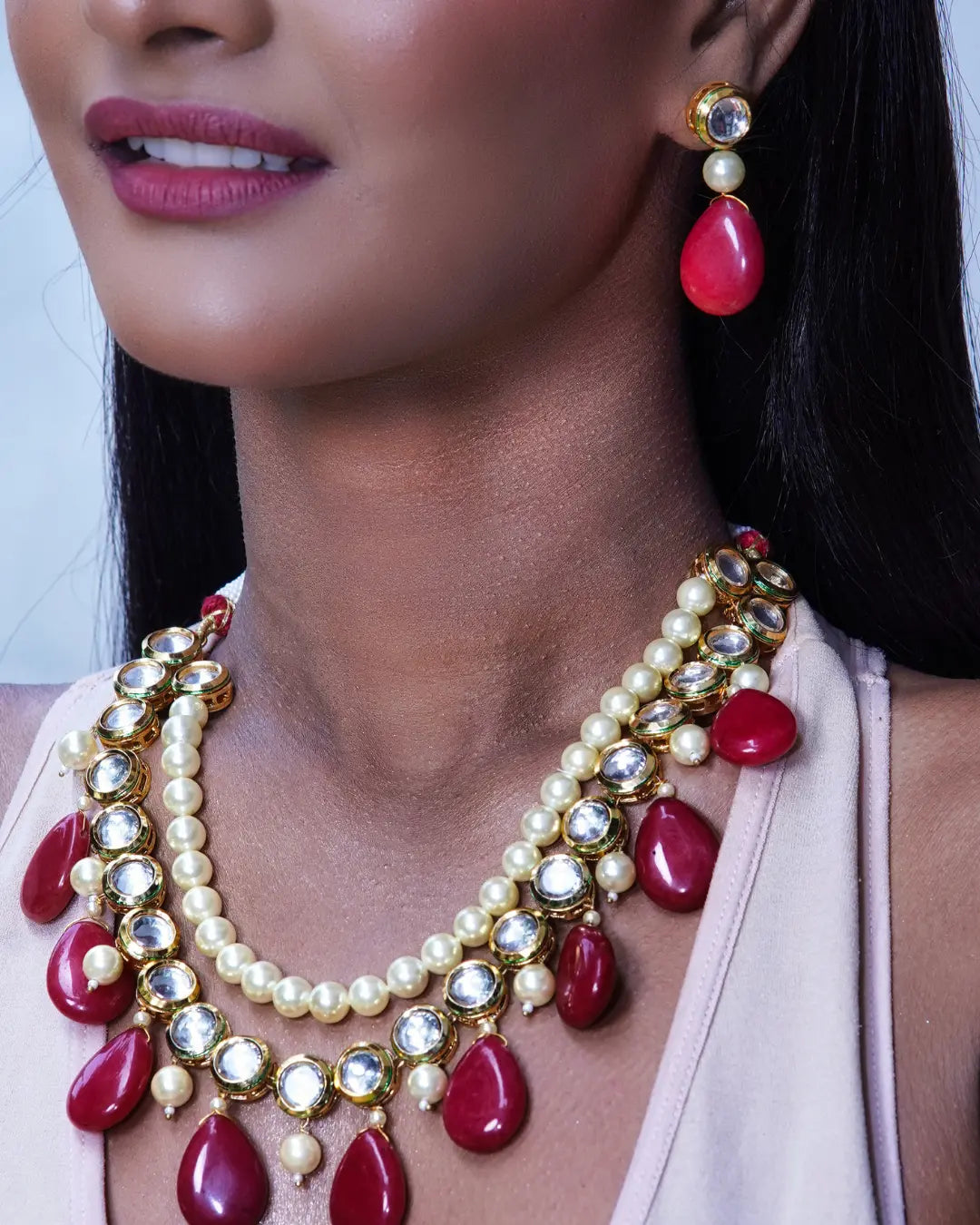 Red Ruby Drops with Layered Kundan Pearl Necklace