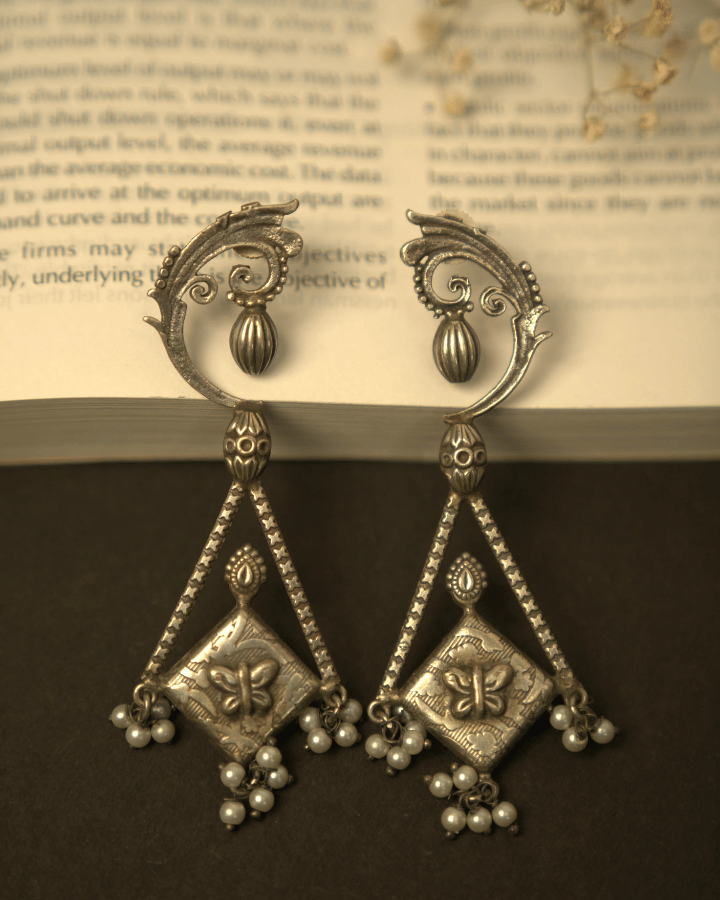 Long dangling oxidized silver earrings