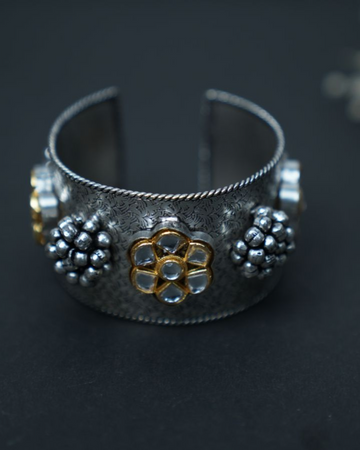 Flower kundan oxidized silver bracelet