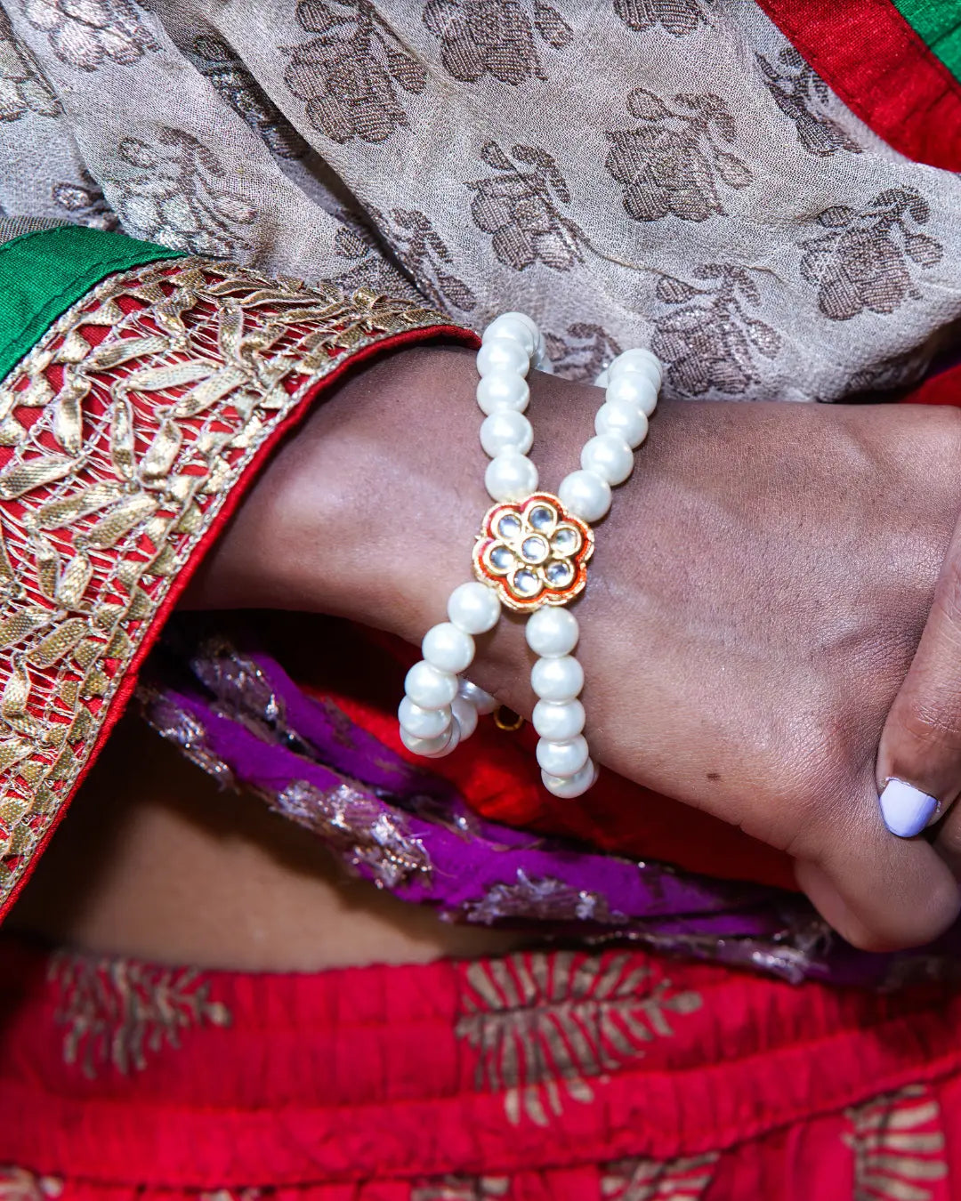 Red Meenakari with Dainty white Pearl Kundan Bracelet