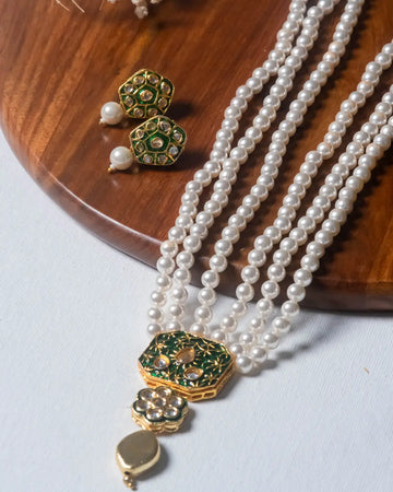 Meenakari  Green Jadau Pendent Royal White Pearl Necklace