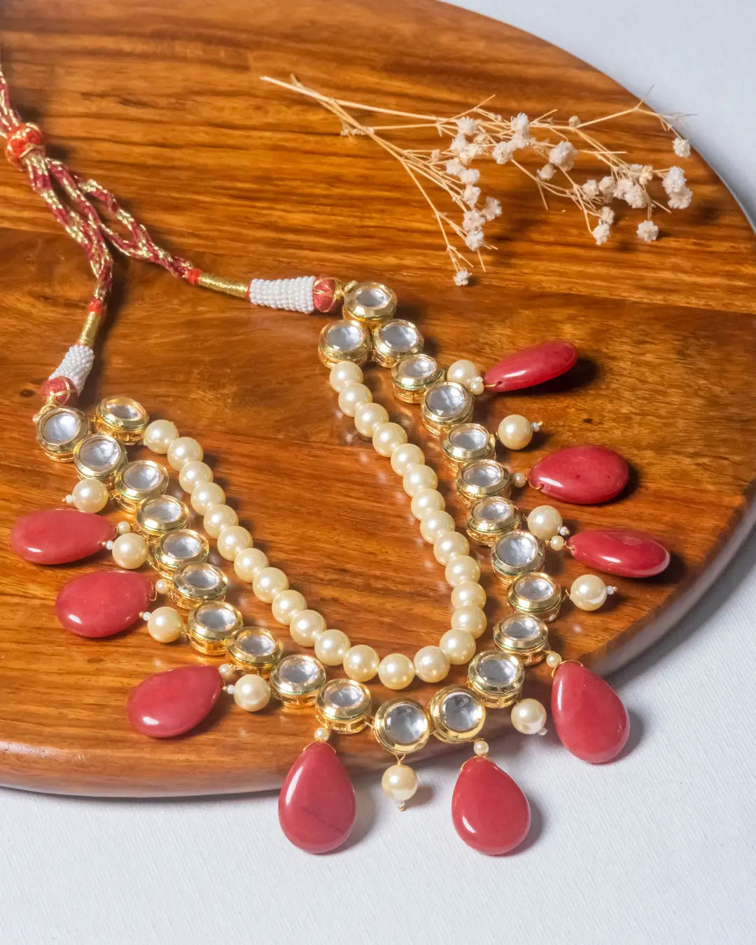 Red Ruby Drops with Layered Kundan Pearl Necklace