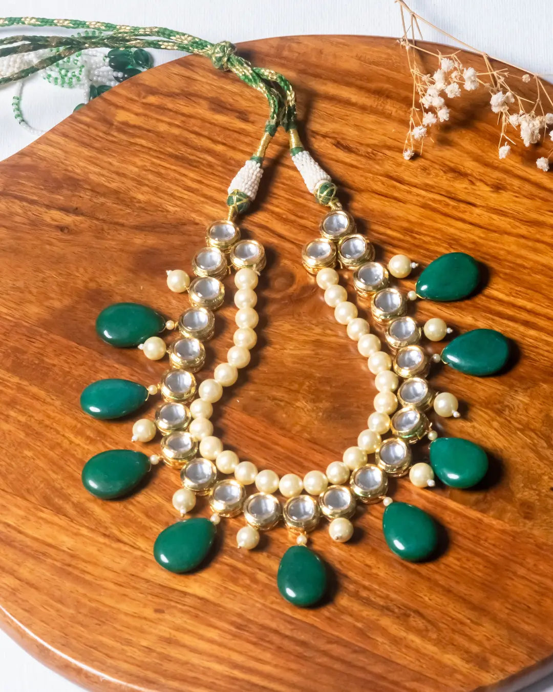 Green Drops with Layered Kundan Pearl Necklace