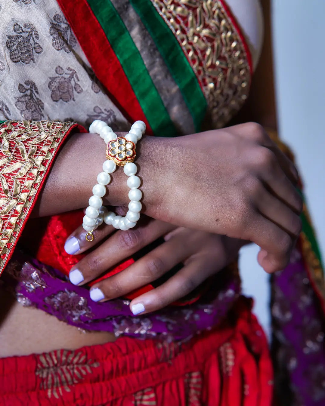 Red Meenakari with Dainty white Pearl Kundan Bracelet