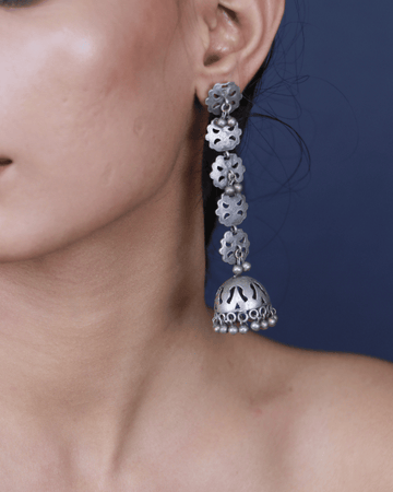 Long oxidized silver jhumka earrings