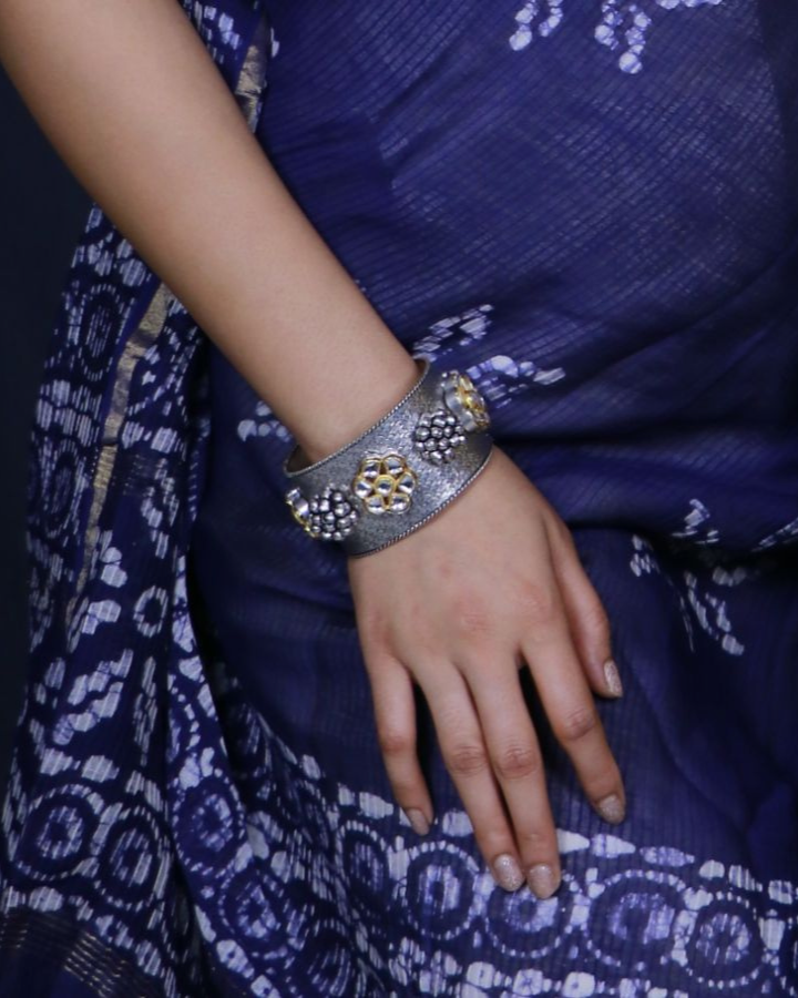 Flower kundan oxidized silver bracelet