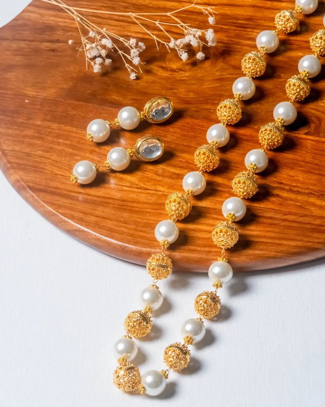 Gold and White Big Pearl Mala Set