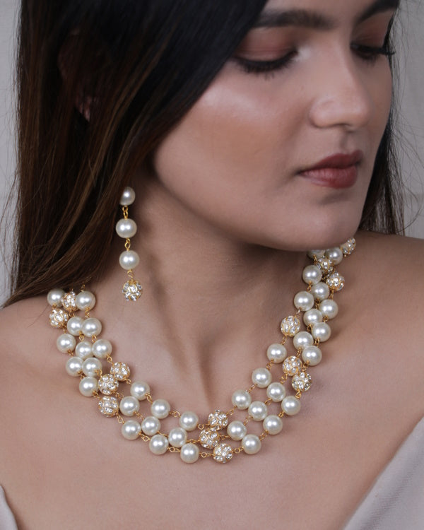 White Pearl Crystal Layered Necklace Set