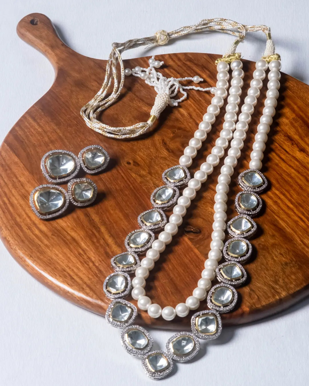 White Pearl With Crystal Kundan Long Necklace Set