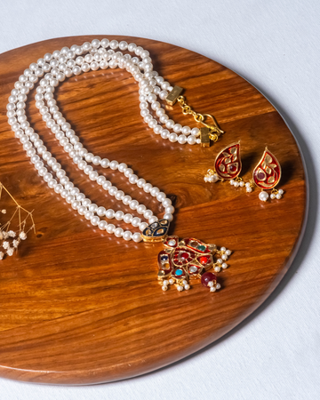 Exquisite Long Pearls Necklace with Navratan Meenakari Pendent