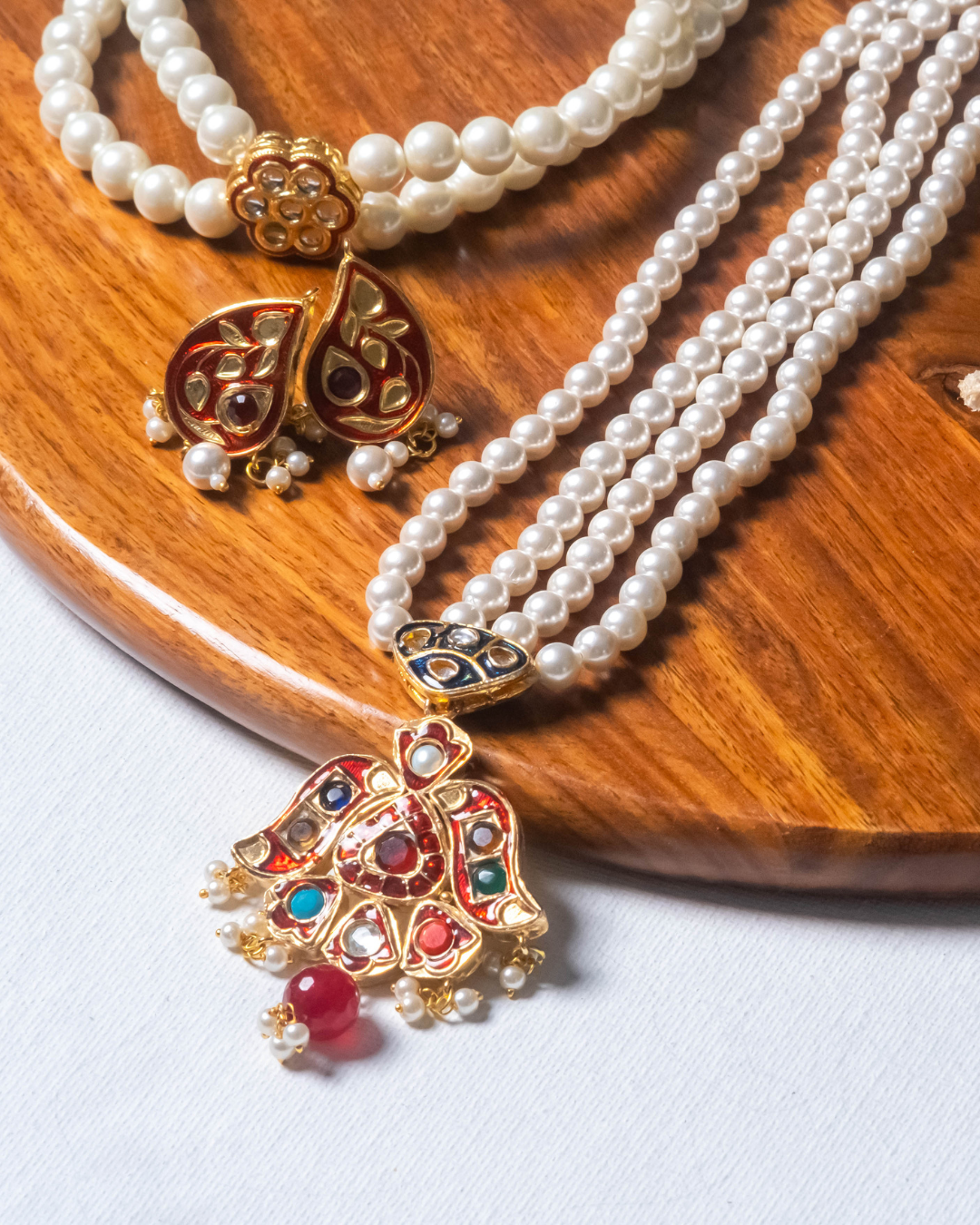 Exquisite Long Pearls Necklace with Navratan Meenakari Pendent