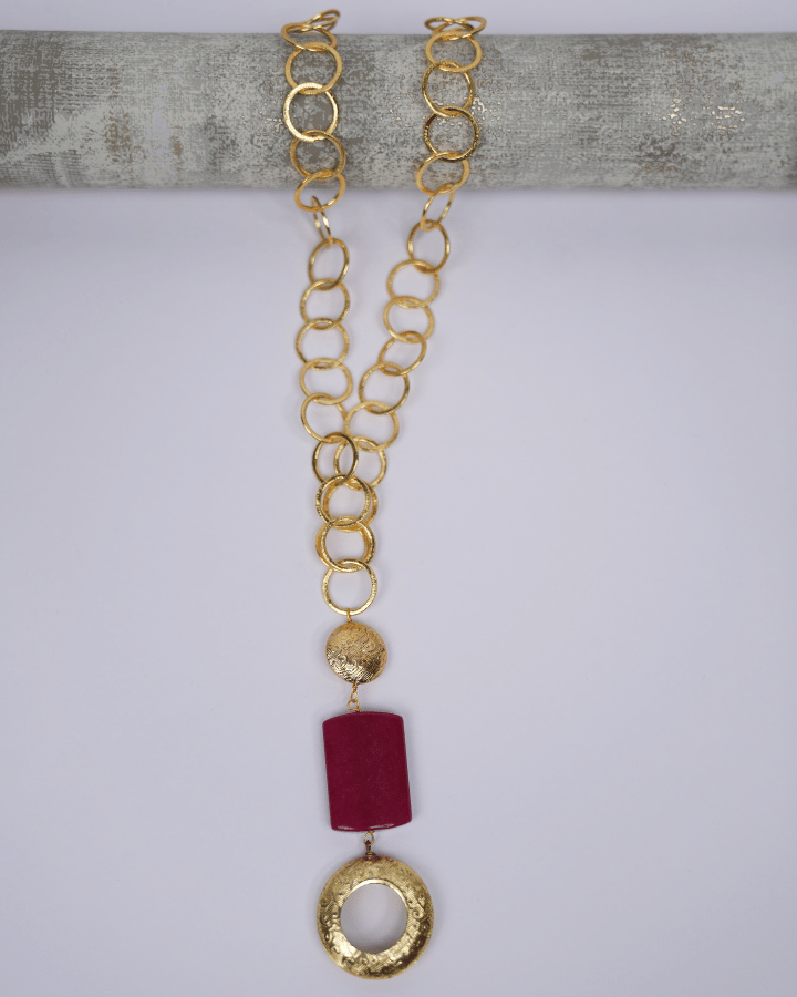 Red Square Pendant with Metallic Gold Plated Ring Chain
