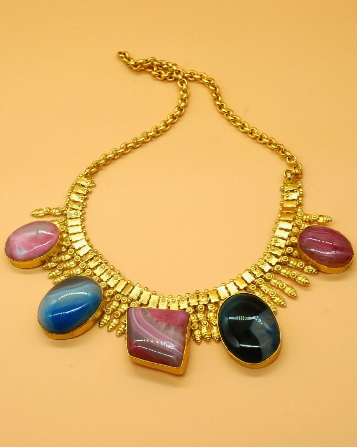 Multi Colour Agate Gold Statement Neckalce-Women's fashion jewellery online 